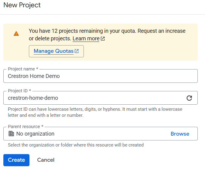 Cloud Console new project form