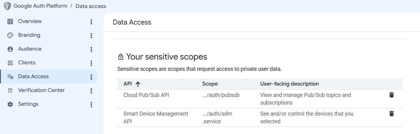 OAuth consent screen scopes